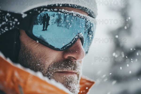 Close up of man's face with large skiing sunglasses and hat in winter. Generative Ai, AI generated