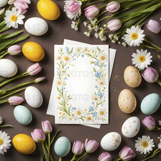 Easter card with delicate hand-drawn illustrations, placed among fresh flowers and decorated eggs,