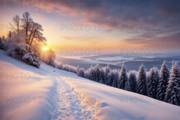 Footprints in fresh snow on a hill with a row of trees in winter in golden sunrise light, AI