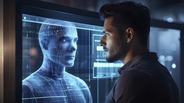 3d digital facial recognition displaying a male face with overlaid ai biometric data, AI generated