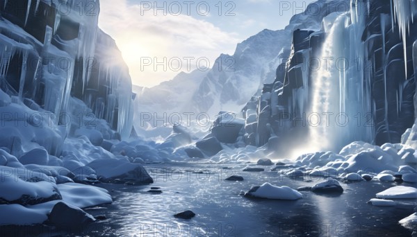 Winter landscape of a frozen waterfall, surrounded by icicles and snow-covered rocks, with the