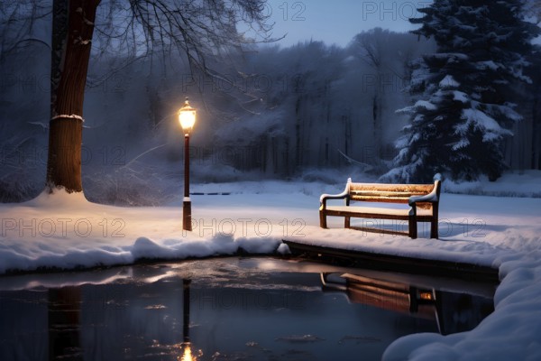 Frozen pond surrounded by snow-covered trees, with a wooden bench and lamppost nearby, softly