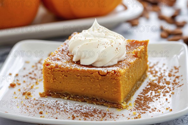 Traybaked pumpkin pie slice with cream on plate. Generative Ai, AI generated