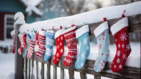 Row of Christmas stockings hanging from a snow-covered wooden fence, with delicate frost patterns