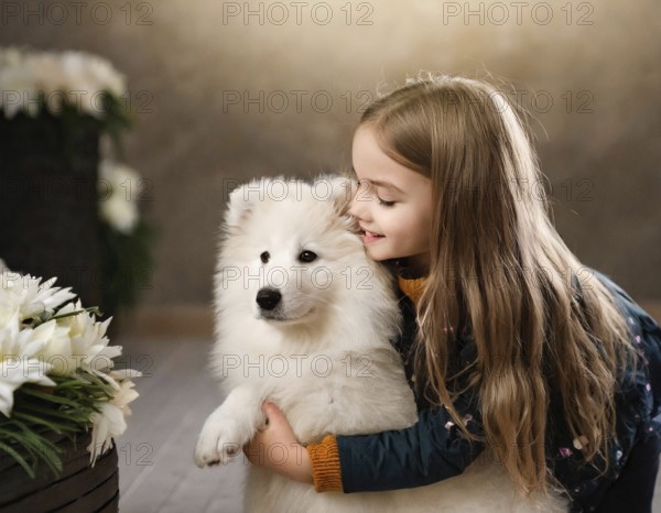 A girl with long hair cuddles up to a white dog next to white flowers and soft lighting, dog puppy,