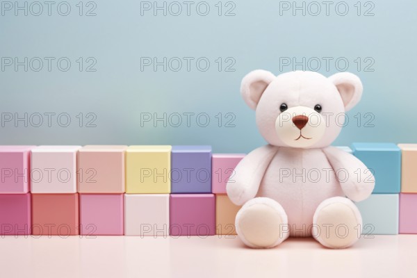 White teddy bear toy with bulding bricks on blue background. KI generiert, generiert, AI generated