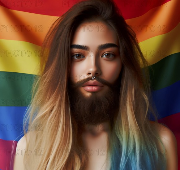A person with a beard with male and female characteristics in front of the rainbow flag, symbol