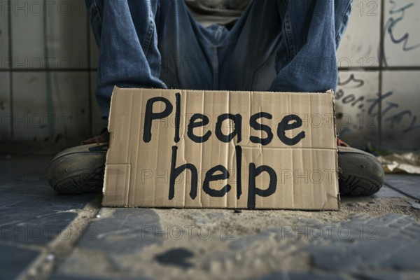 Cardboard sign with text 'Please help' and homeless beggar in background. KI generiert, generiert,