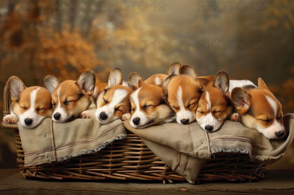 Litter of Cardigan Welsh corgis sleeping in a wicker basket, AI generated