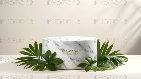 Marble stone podium stage with some green leaves for cosmetic beauty presentation, AI generated
