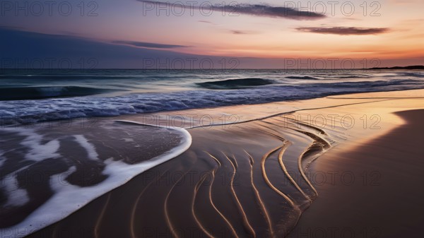 Sunset mood on a whispering tranquil costal landscape with sandy beach, AI generated