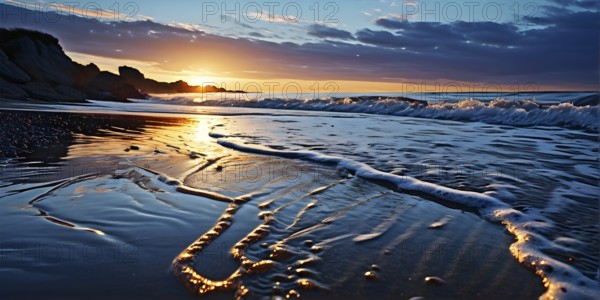 Sunset mood on a whispering tranquil costal landscape with sandy beach, AI generated