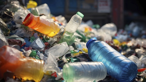 Plastic recycling process with shredded pet bottles and assorted plastic waste compressed, AI