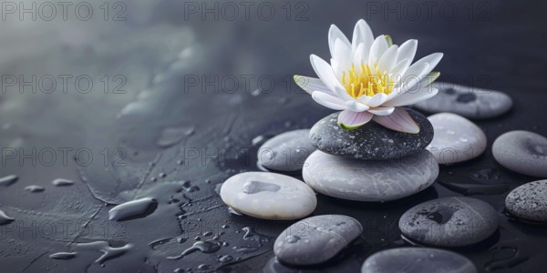 Zen stacking stones piled in balanced with white lotus flower on top. Generative Ai, AI generated