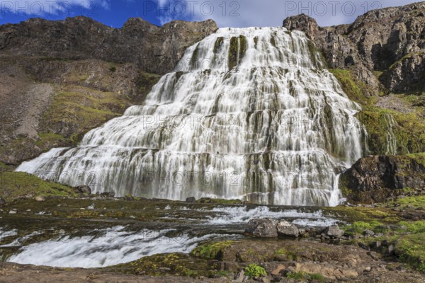Waterfall, sunny, midday light, mountains, Dynjandi, Westfjords, Iceland, Europe