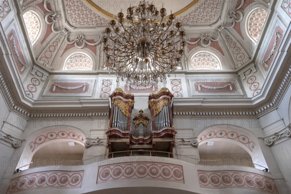 Organ loft of St James' Church, built 1772-1775, Bad Kissingen, Lower Franconia, Bavaria, Germany,