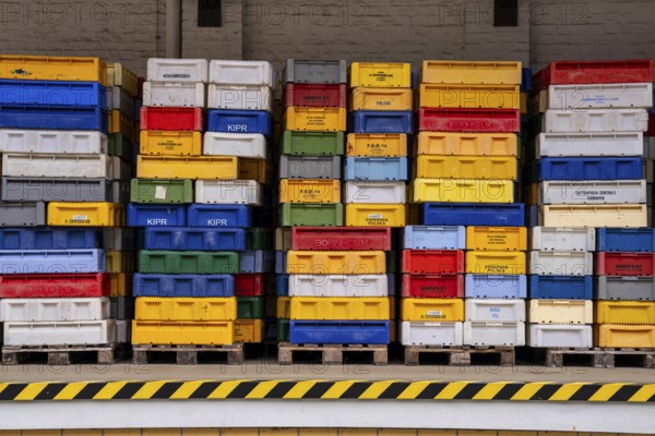 The town harbour of Sassnitz, island of Rügen, boxes of fish waiting for the new catch, at the