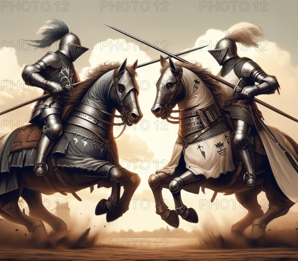 Two medieval knights ride a horse and fight in armour, helmet and with a lance in a jousting