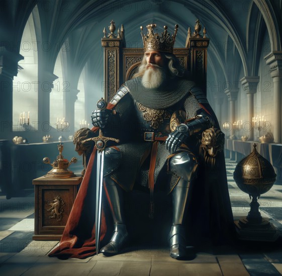 A medieval emperor with sword and crown on the throne, AI generated, AI generated