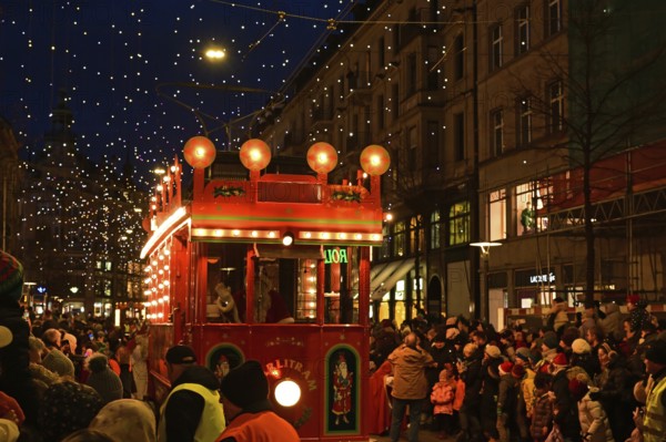 St. Nicholas parade or Chlaus parade with Märlitram along Bahnhofstrasse, city centre, Zurich