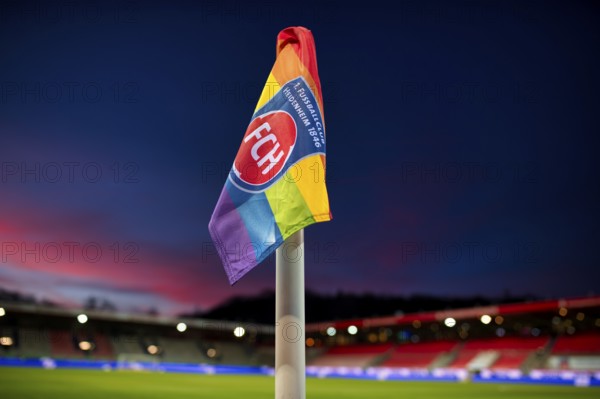 Stadium, interior, logo, 1. FC Heidenheim 1846, corner flag in LGBT colours Lesbian, Gay, Bisexual,