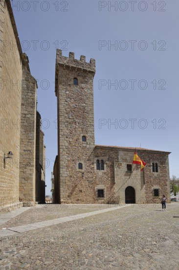 Palacio de las Cigüenas Palace with Spanish National Flag, Plaza de San Pablo, UNESCO Old Town,