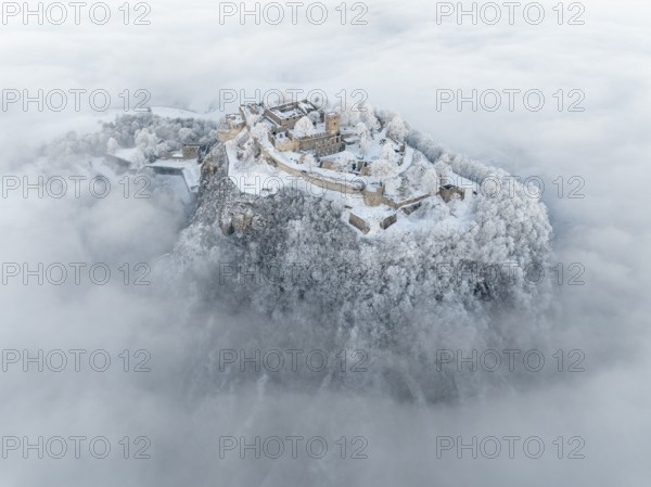 Aerial view of the Hegau volcano Hohentwiel with Germany's largest fortress ruins rising out of the