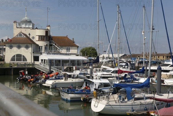 Yachts at moorings in harbour of Royal Norfolk and Suffolk yacht Club, Lowestoft, Suffolk, England,