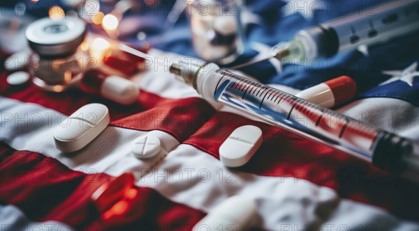 Painkiller epidemic in the US, tablets, needles and syringes lying on American flag, AI generated