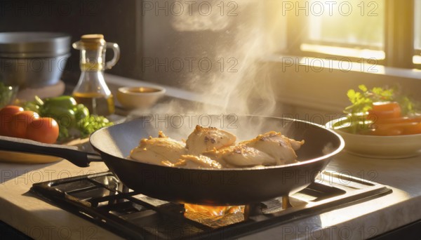A person is cooking chicken in a pan on a stove. The pan is filled with a red sauce and the chicken