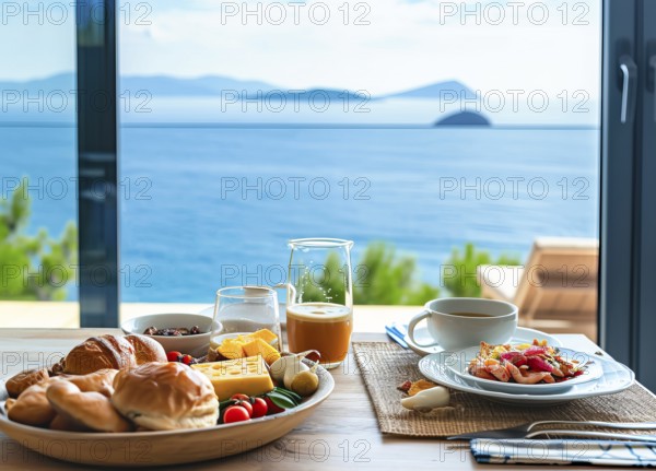 Breakfast with the scenic ocean view on vacation, AI generated