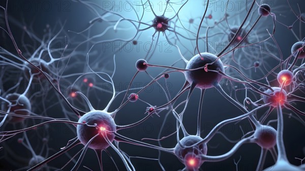 Abstract microscopic view on nerve cells intermingled with cancer cell, AI generated