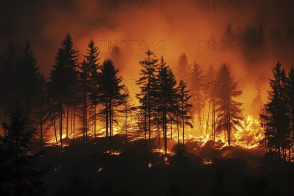 A forest wildfire is raging through a wooded area. Trees are on fire and flames are spreading