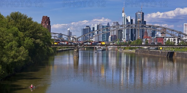 The river Main with regional railway on the Deutschherrnbrücke and the skyline of Frankfurt am