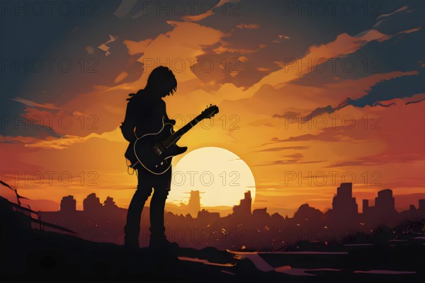 Illustration of a rock star silhouette clutching guitar against abstract urban skyline morphing