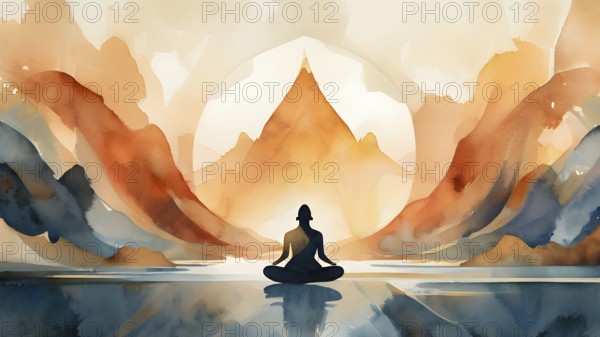 Abstract illustration of a tranquil figure in an asana yoga pose with fluid lines in soothing
