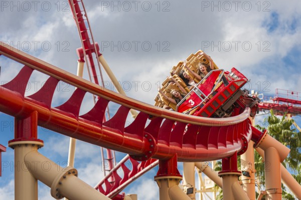 Closeup of Hollywood Rip Ride Roller Coaster car in Hollywood Studios at Universal Studios,
