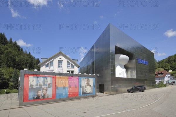 Modern building of Duravit-AG with oversized toilet bowl, oversize, XXL, size comparison, car,