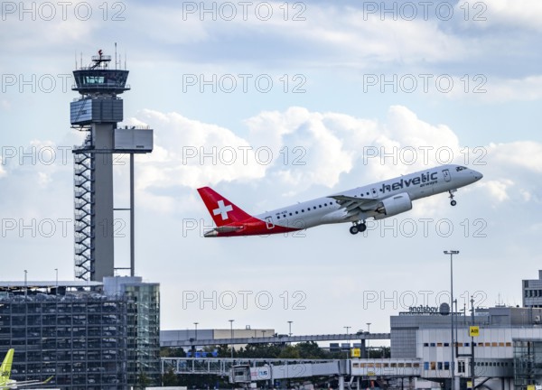 Helvetic Airways, Embraer E190-E2, HB-AZD, on take-off at Düsseldorf International Airport, air