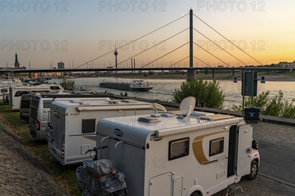 Skyline of Düsseldorf on the Rhine, Rhine Tower, Oberkassler Bridge, motorhome pitch on the banks