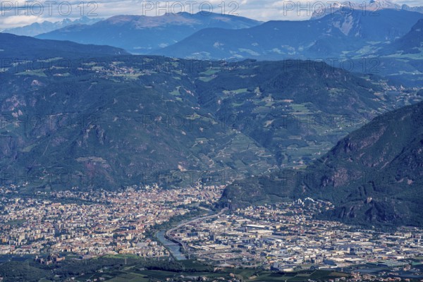 View of Bolzano and the Alps, Adige Valley, South Tyrol, Italy, Europe