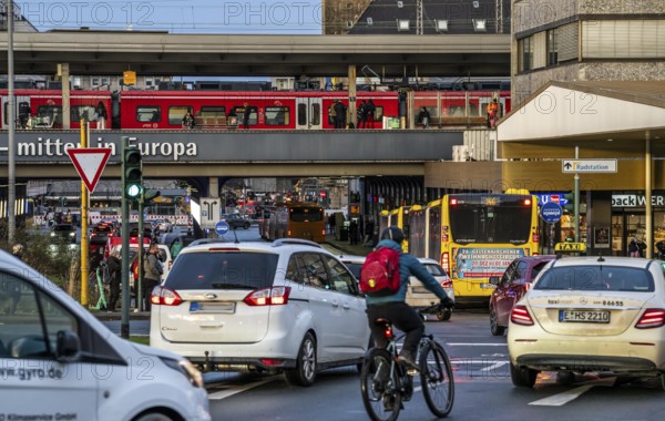 Central station in the city centre of Essen, dense traffic, local train, bus station, local buses,