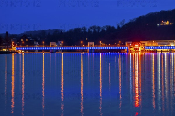 Lake Baldeney, illuminated weir, with lock, left and hydroelectric power plant power station,