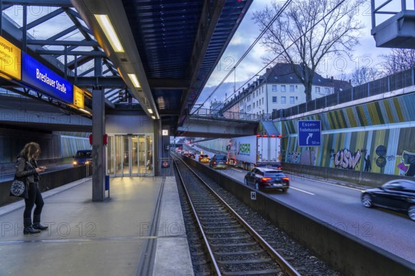 Underground station, Breslauer Straße U18, in the middle of the A40 motorway, Essen city centre,