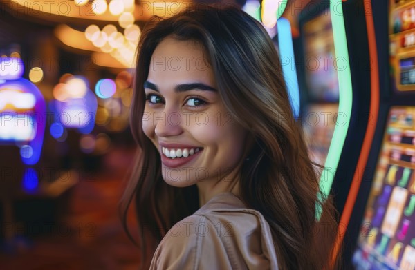 Attractive lady in casino betting her money in casino machines hoping for a win, AI generated