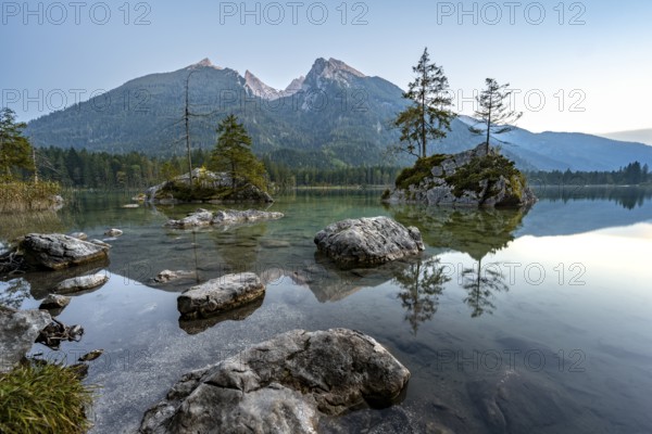 Hochkalter reflected in Hintersee, at sunset, Berchtesgaden National Park, Ramsau, Upper Bavaria,