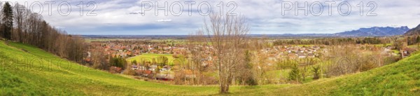 Panoramic view of a village with green meadows and trees, mountains in the background under a