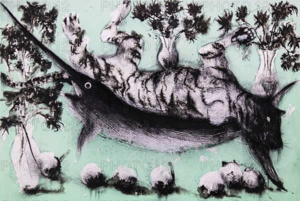 Grisaille with tiger and swordfish, 2022, mixed media on canvas, exhibition Miquel Barcelo, Vida y