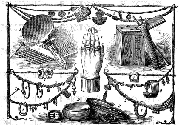 Ancient Egyptian jewellery objects, rings, bracelets and combs, Egypt, ca 1300 BC, Historical,
