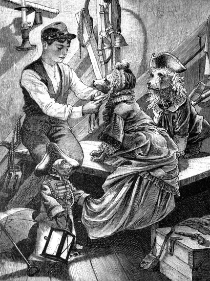 In the monkey theatre, theatre, circus, dogs, monkeys dressed as humans, illustration from 1887,